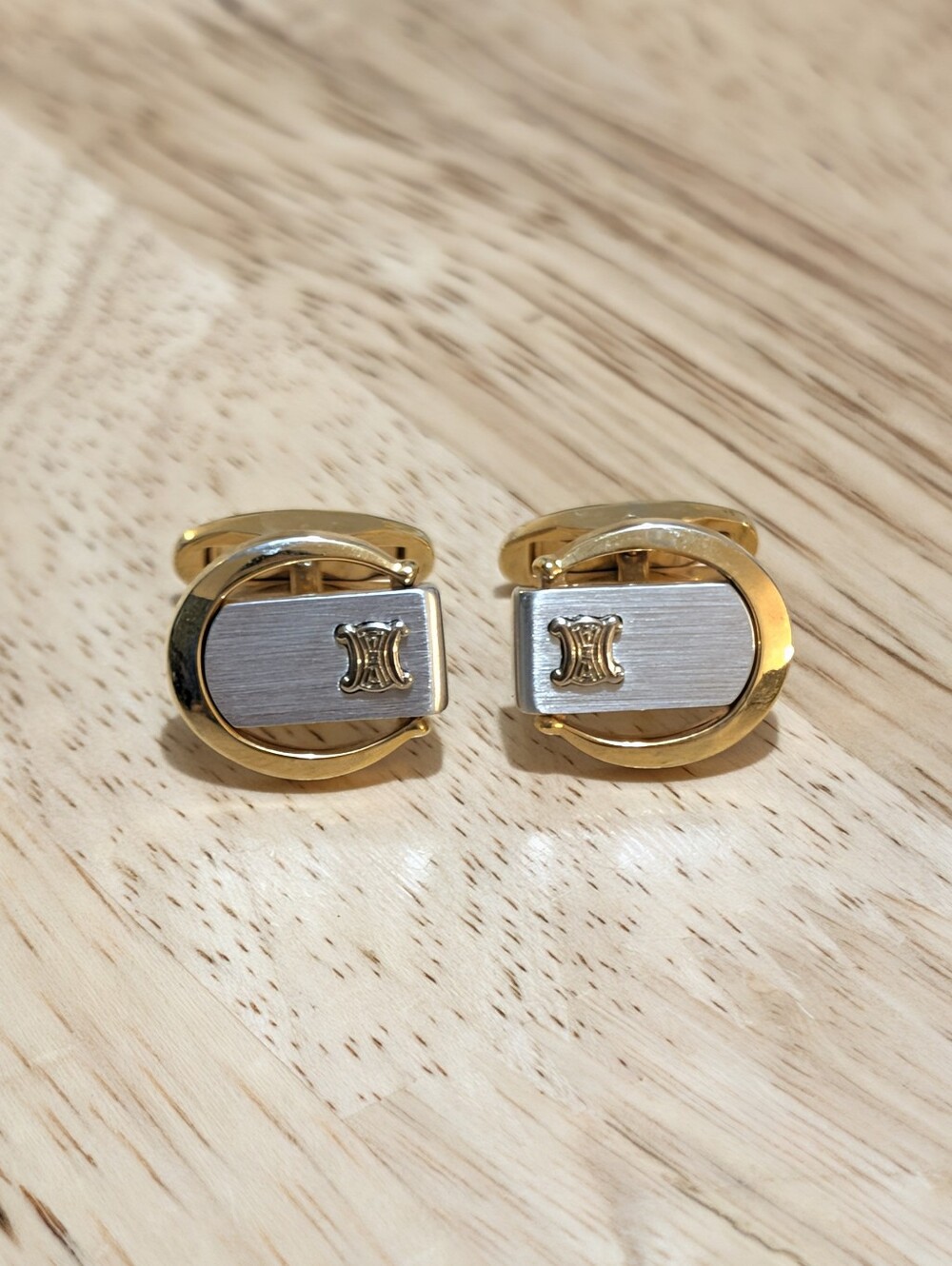 Vintage Celine Two-Tone Cufflinks Gold Horseshoe Silver Bar Triomphe